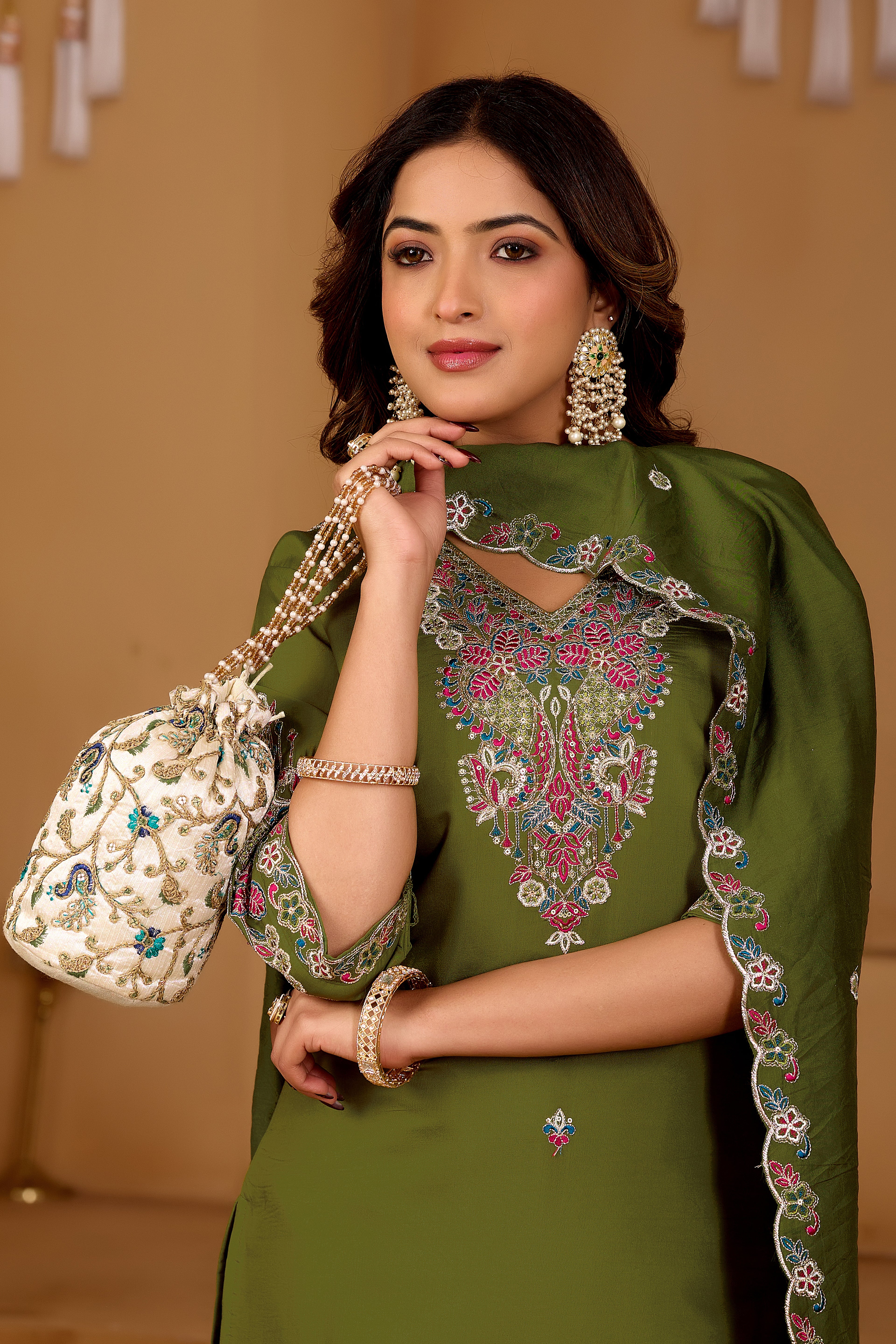 Festive Olive Green Silk 3-Piece Kurta Pant Set with Dupatta