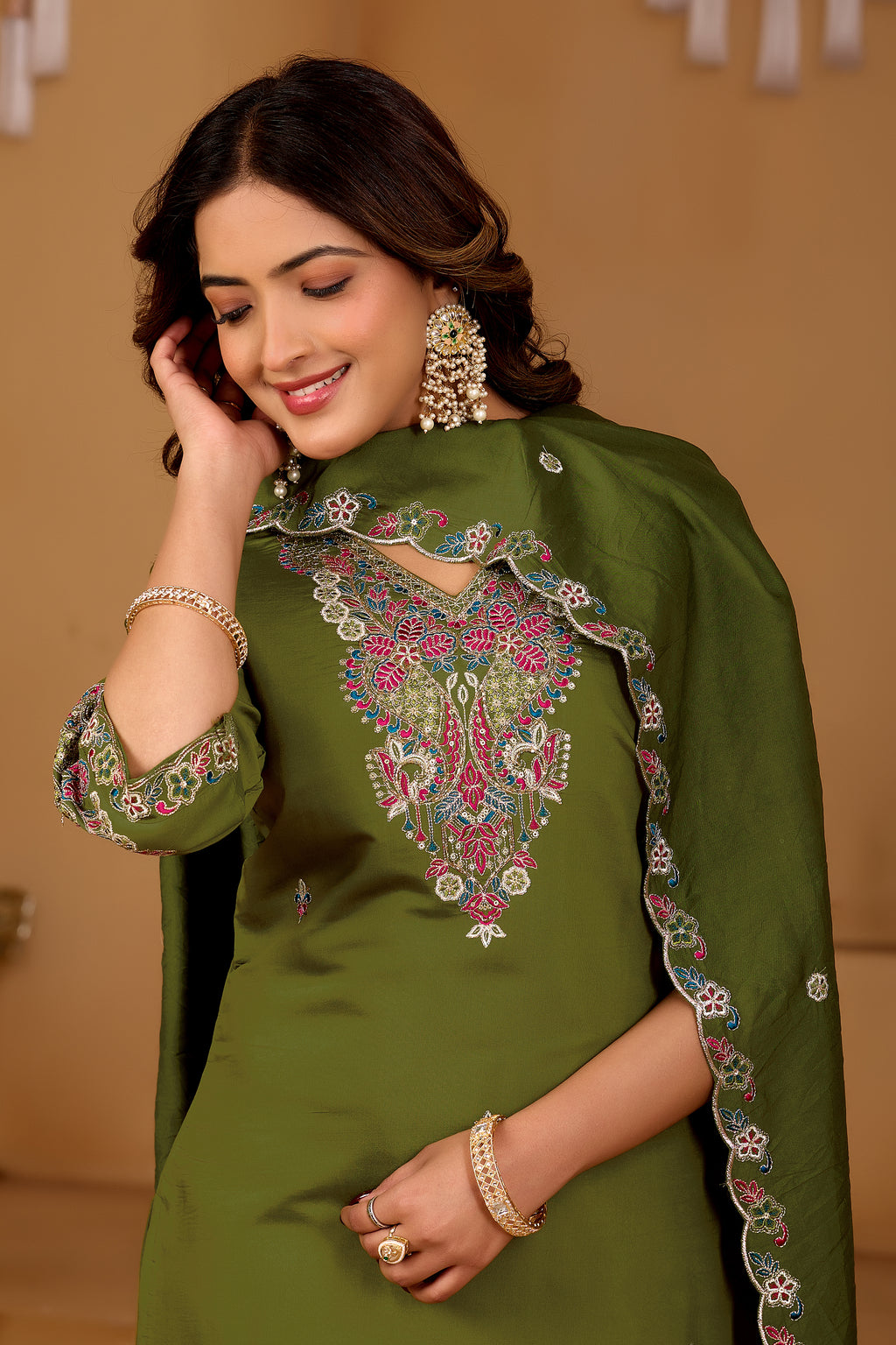 Festive Olive Green Silk 3-Piece Kurta Pant Set with Dupatta