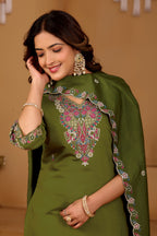 Festive Olive Green Silk 3-Piece Kurta Pant Set with Dupatta