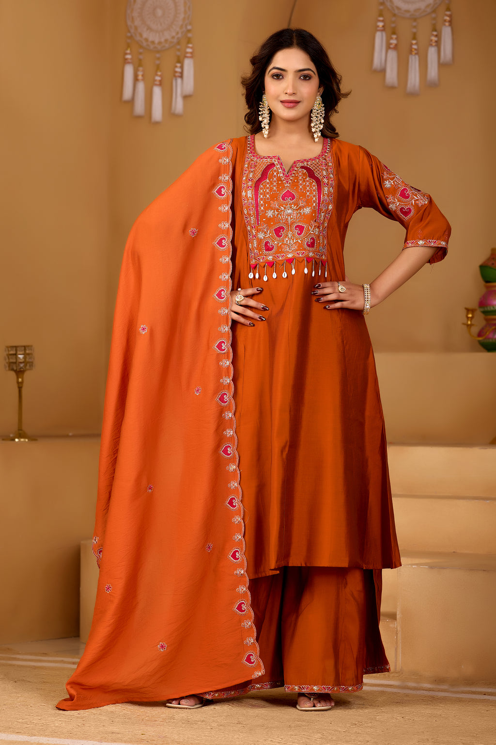 Royal Rust Orange Two-Tone Roman Silk Anarkali Kurta Set with Embroidery & Dupatta | Rust Orange Festive Edition