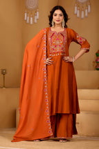 Royal Rust Orange Two-Tone Roman Silk Anarkali Kurta Set with Embroidery & Dupatta | Rust Orange Festive Edition