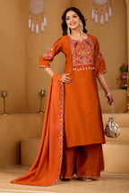 Royal Rust Orange Two-Tone Roman Silk Anarkali Kurta Set with Embroidery & Dupatta | Rust Orange Festive Edition
