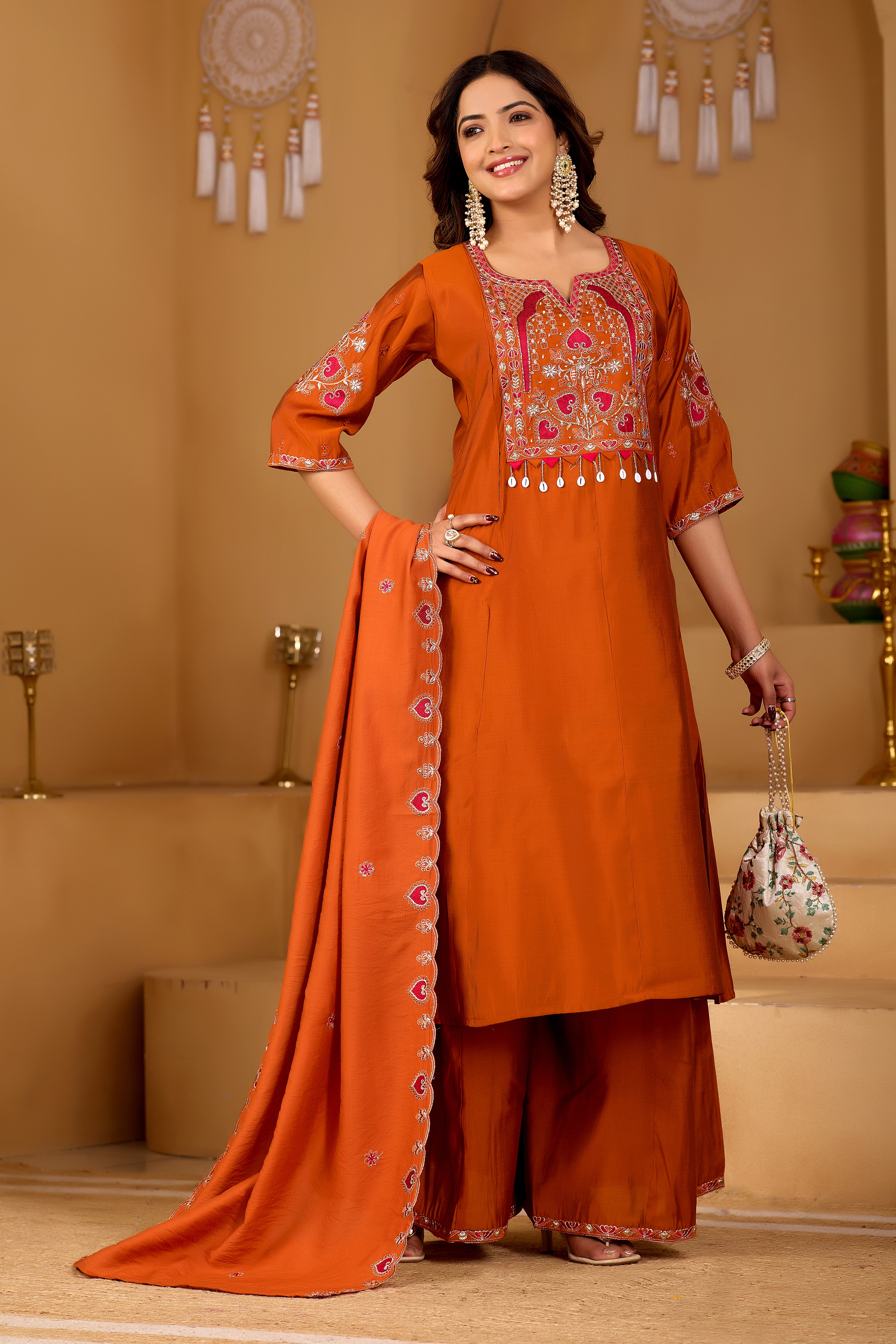 Royal Rust Orange Two-Tone Roman Silk Anarkali Kurta Set with Embroidery & Dupatta | Rust Orange Festive Edition