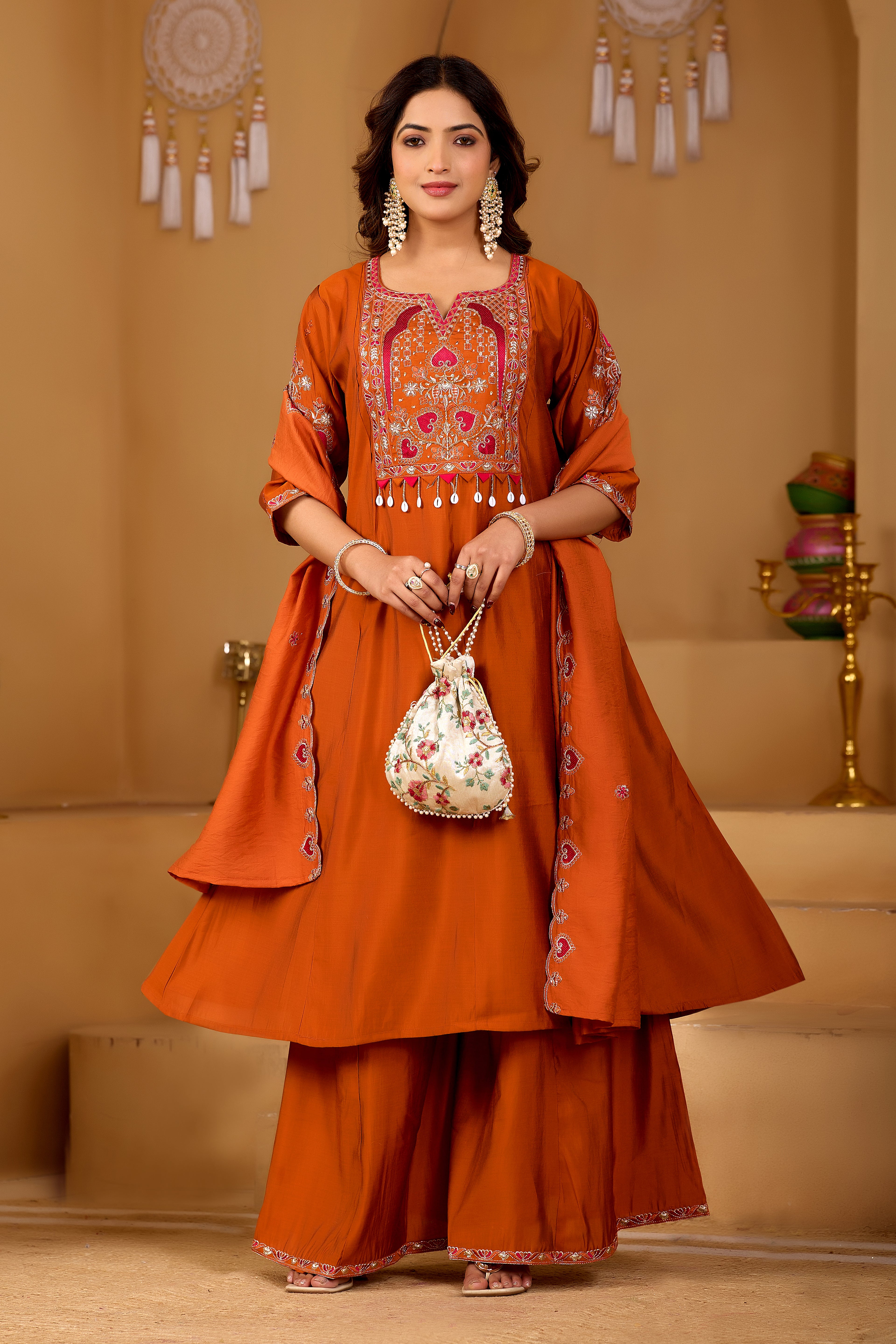 Royal Rust Orange Two-Tone Roman Silk Anarkali Kurta Set with Embroidery & Dupatta | Rust Orange Festive Edition