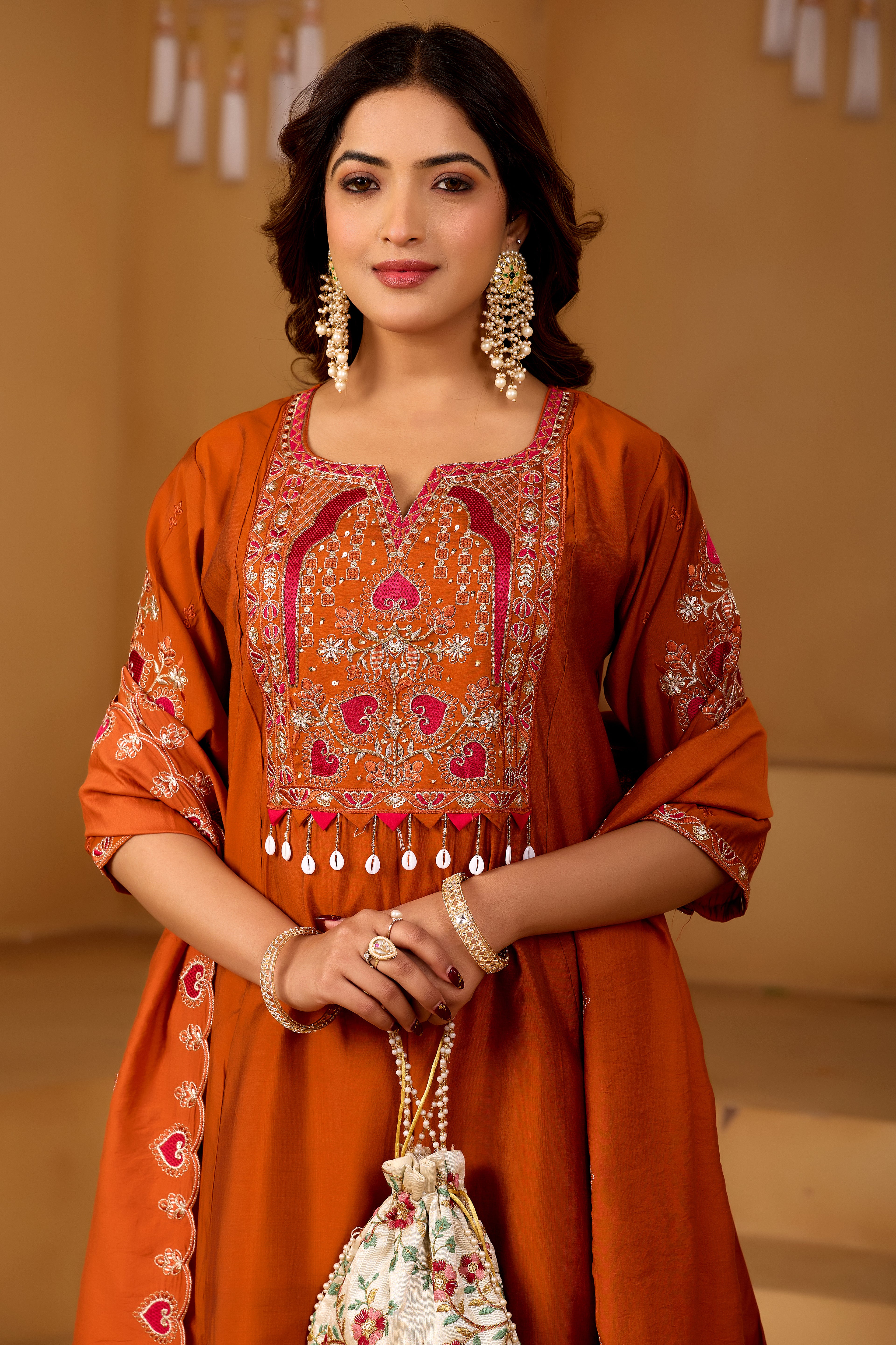 Royal Rust Orange Two-Tone Roman Silk Anarkali Kurta Set with Embroidery & Dupatta | Rust Orange Festive Edition