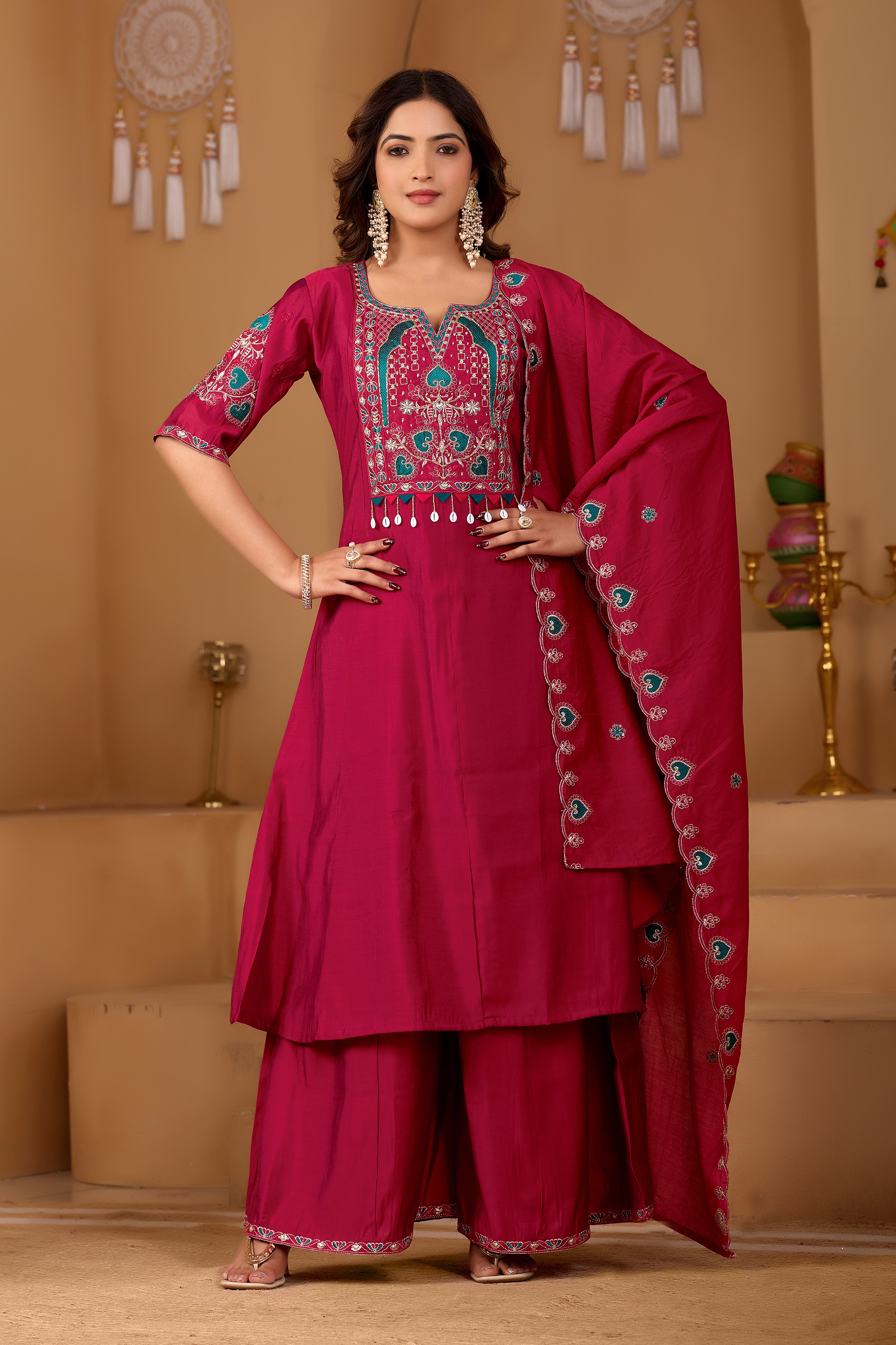 Rani Radiance Two-Tone Roman Silk Anarkali Kurta Set with Embroidery & Dupatta | Rani Radiance Festive Edition