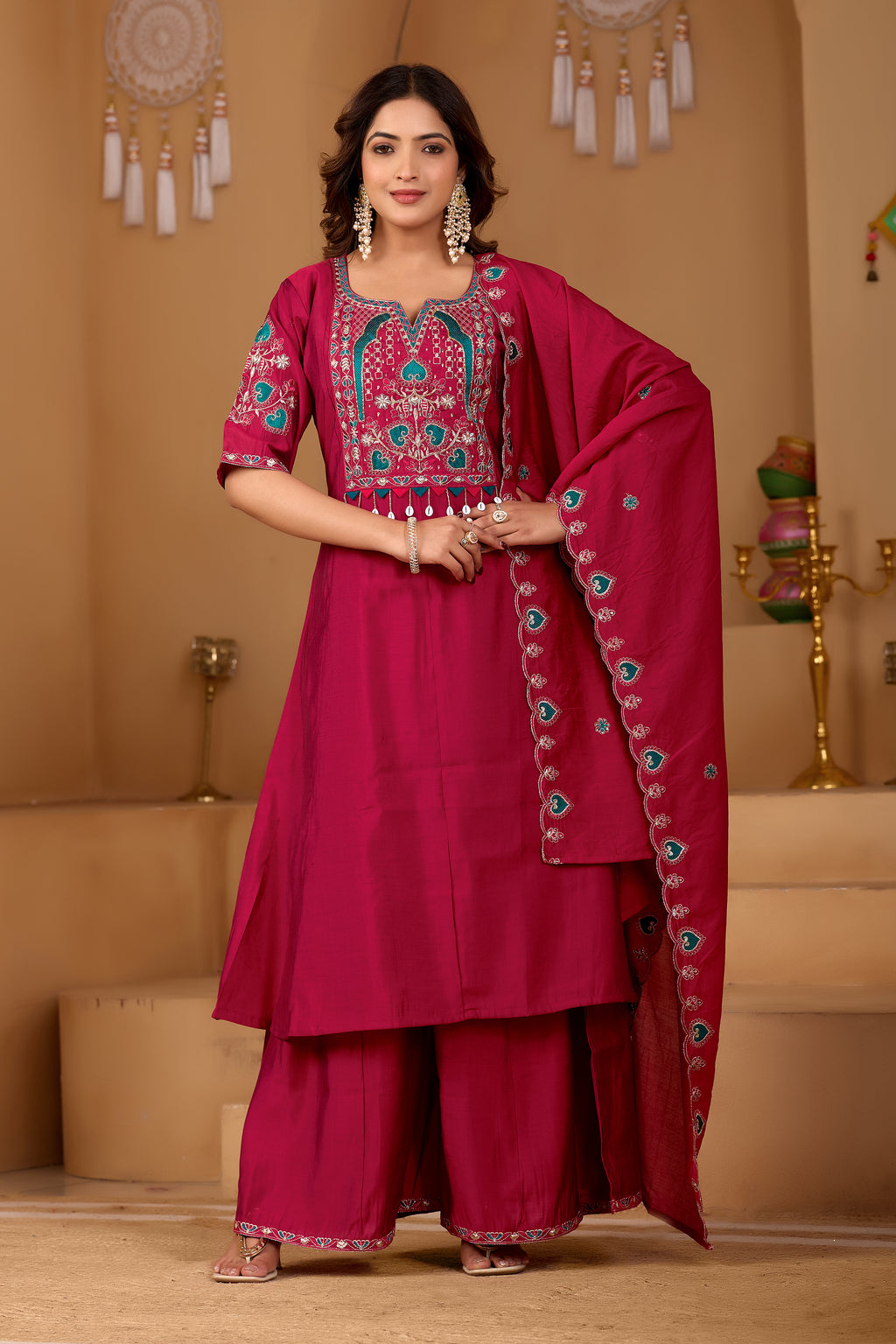 Rani Radiance Two-Tone Roman Silk Anarkali Kurta Set with Embroidery & Dupatta | Rani Radiance Festive Edition