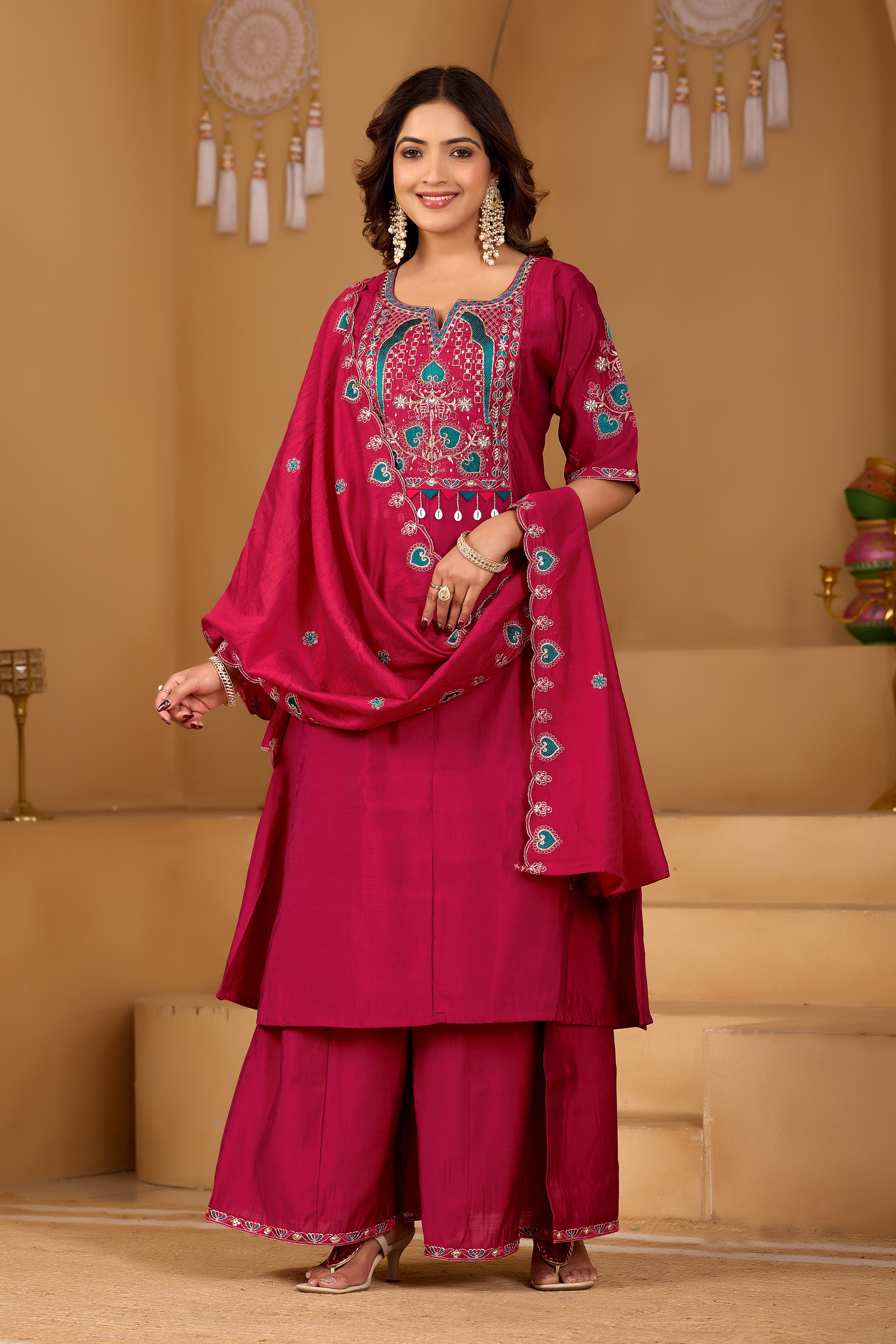 Rani Radiance Two-Tone Roman Silk Anarkali Kurta Set with Embroidery & Dupatta | Rani Radiance Festive Edition