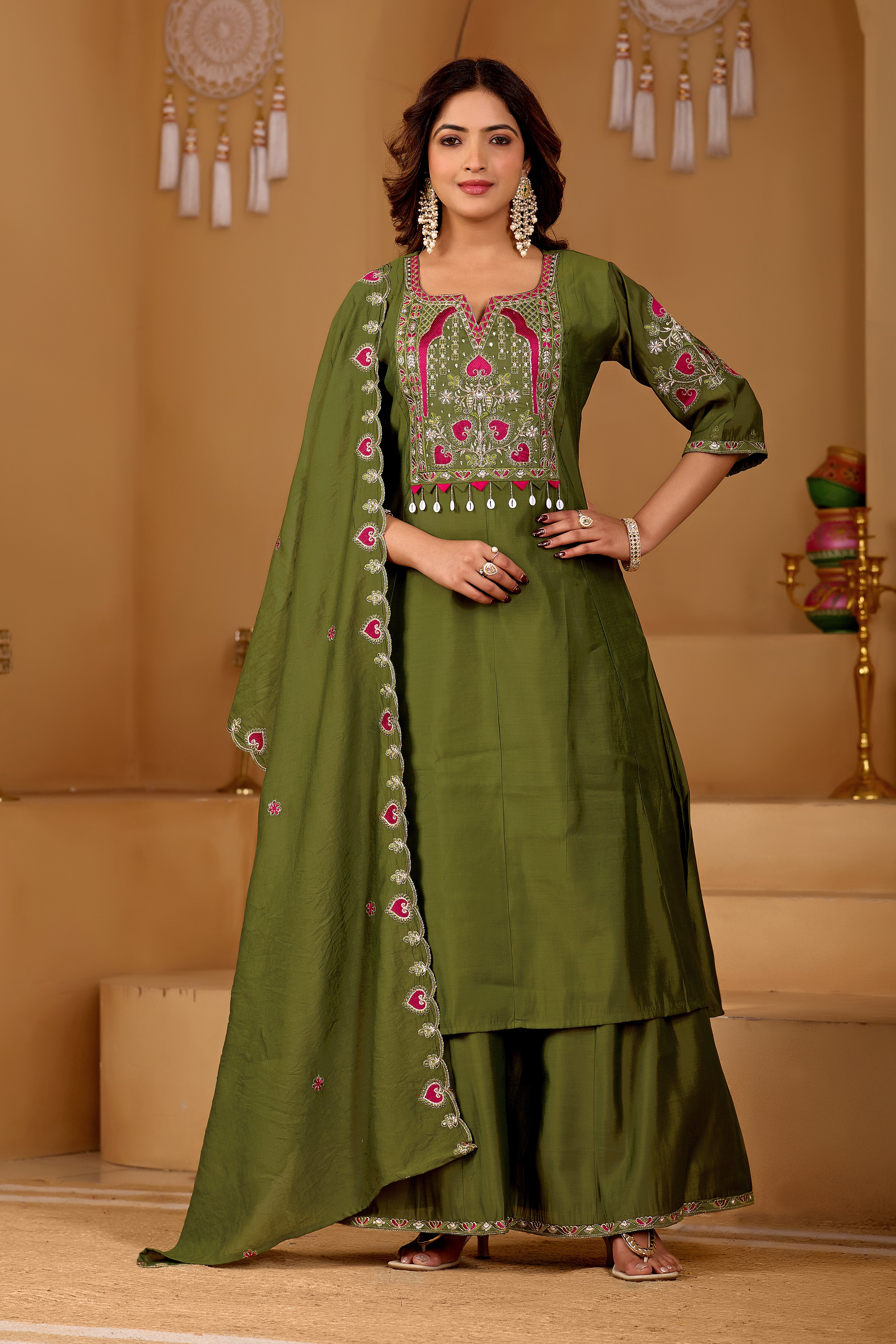 Mehendi Majesty Two-Tone Roman Silk Anarkali Kurta Set with Embroidery & Dupatta | Mehendi Majesty Festive Edition