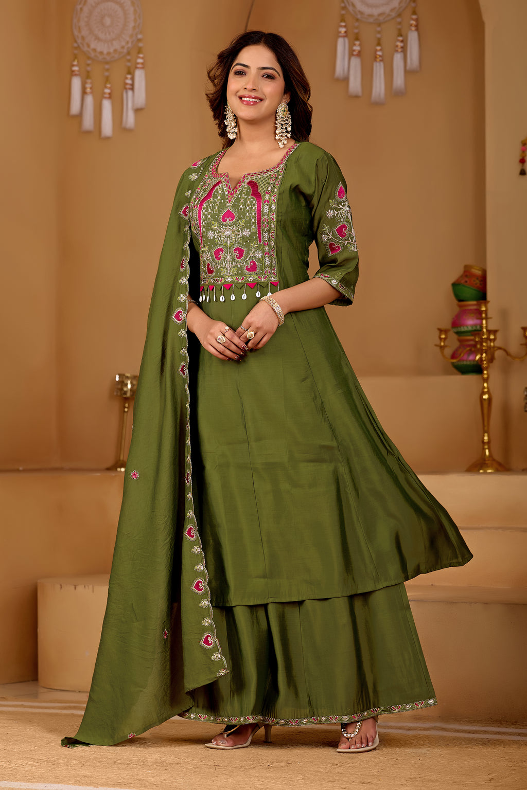 Mehendi Majesty Two-Tone Roman Silk Anarkali Kurta Set with Embroidery & Dupatta | Mehendi Majesty Festive Edition