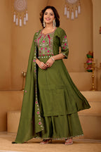 Mehendi Majesty Two-Tone Roman Silk Anarkali Kurta Set with Embroidery & Dupatta | Mehendi Majesty Festive Edition
