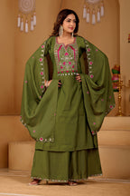 Mehendi Majesty Two-Tone Roman Silk Anarkali Kurta Set with Embroidery & Dupatta | Mehendi Majesty Festive Edition