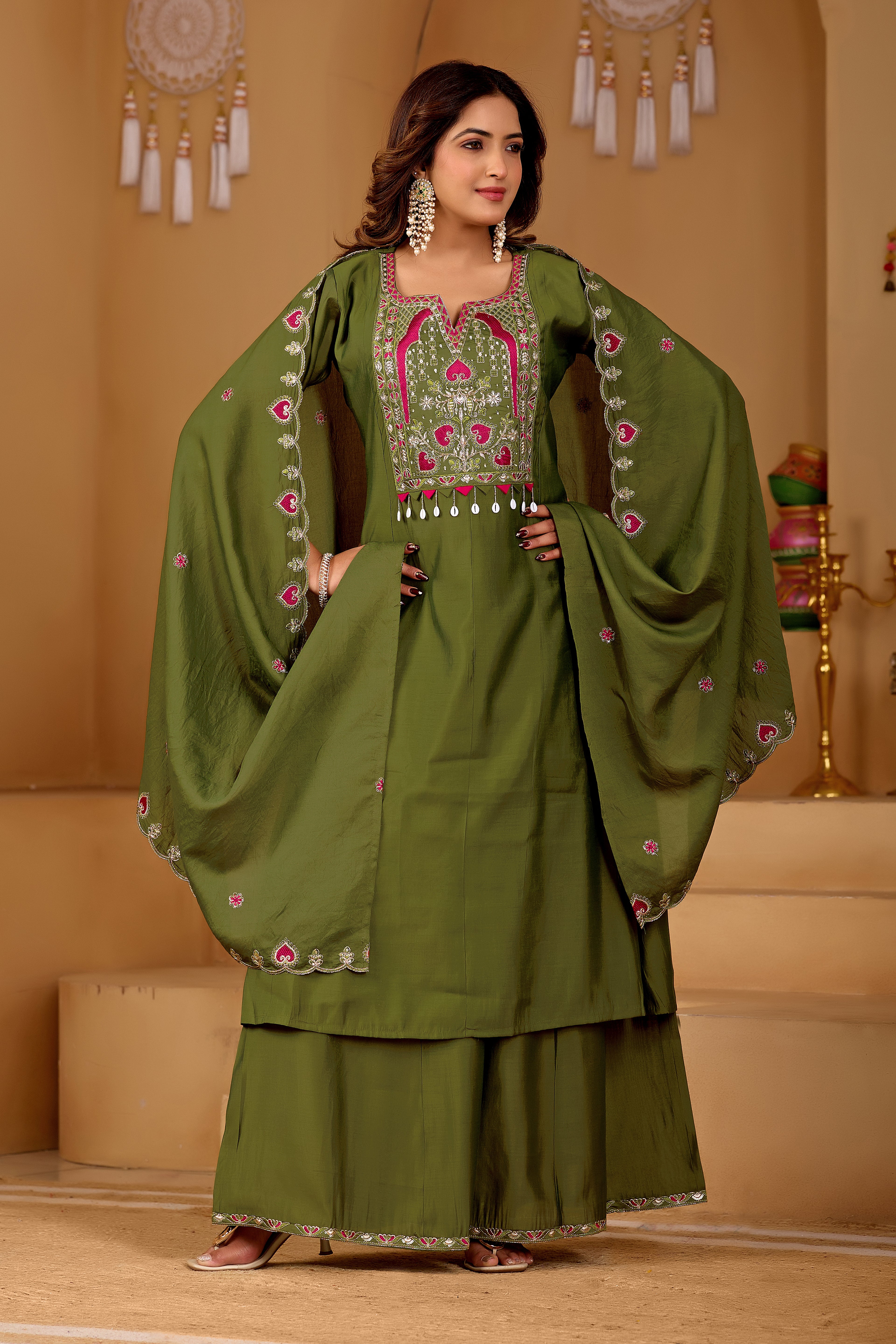 Mehendi Majesty Two-Tone Roman Silk Anarkali Kurta Set with Embroidery & Dupatta | Mehendi Majesty Festive Edition