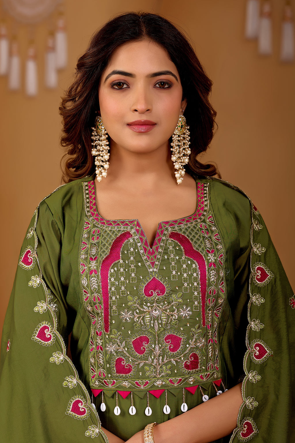 Mehendi Majesty Two-Tone Roman Silk Anarkali Kurta Set with Embroidery & Dupatta | Mehendi Majesty Festive Edition