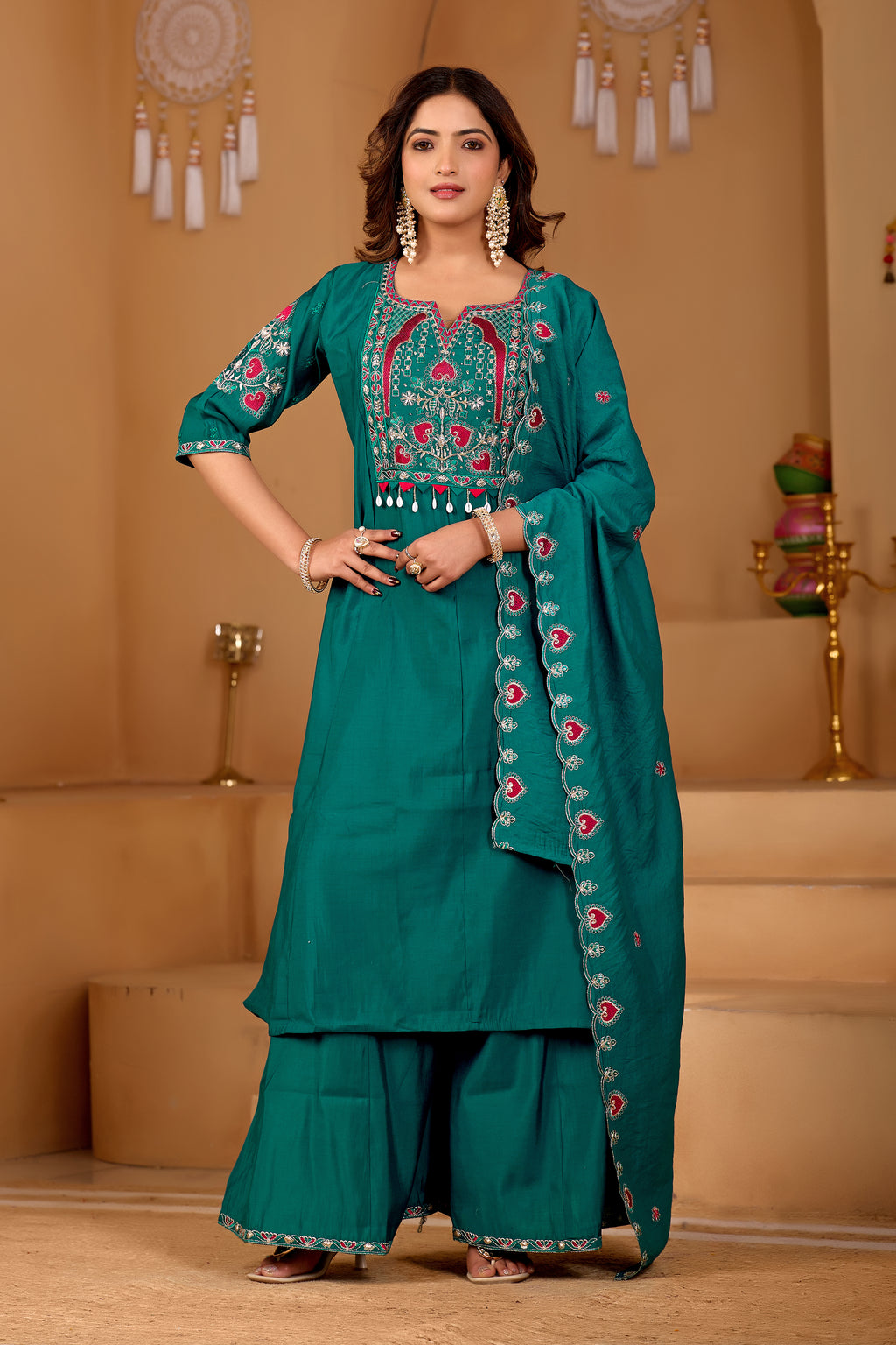 Royal Teal Green Two-Tone Roman Silk Anarkali Kurta Set with Embroidery & Dupatta | Festive Edition