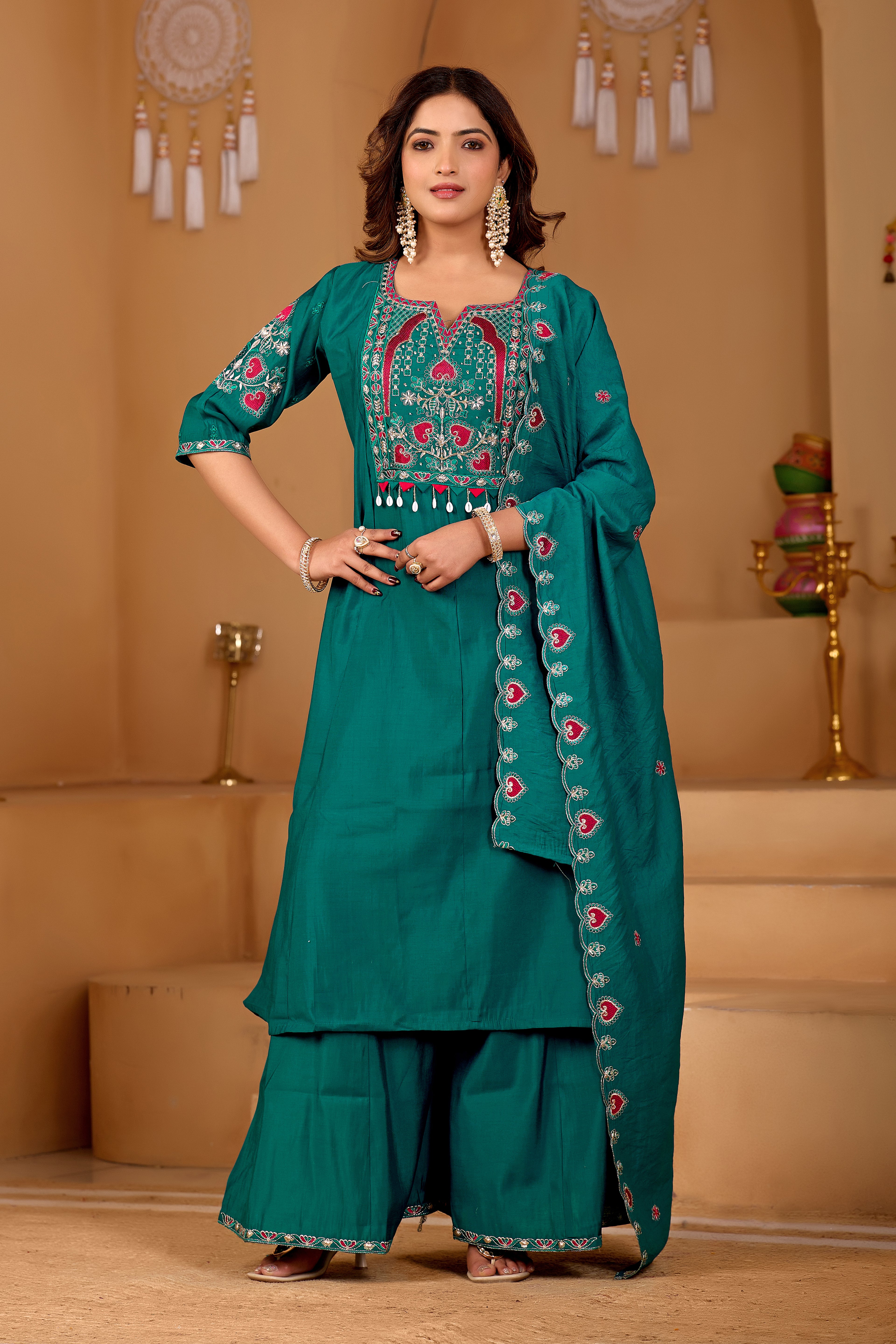 Royal Teal Green Two-Tone Roman Silk Anarkali Kurta Set with Embroidery & Dupatta | Festive Edition
