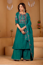 Royal Teal Green Two-Tone Roman Silk Anarkali Kurta Set with Embroidery & Dupatta | Festive Edition