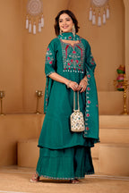 Royal Teal Green Two-Tone Roman Silk Anarkali Kurta Set with Embroidery & Dupatta | Festive Edition