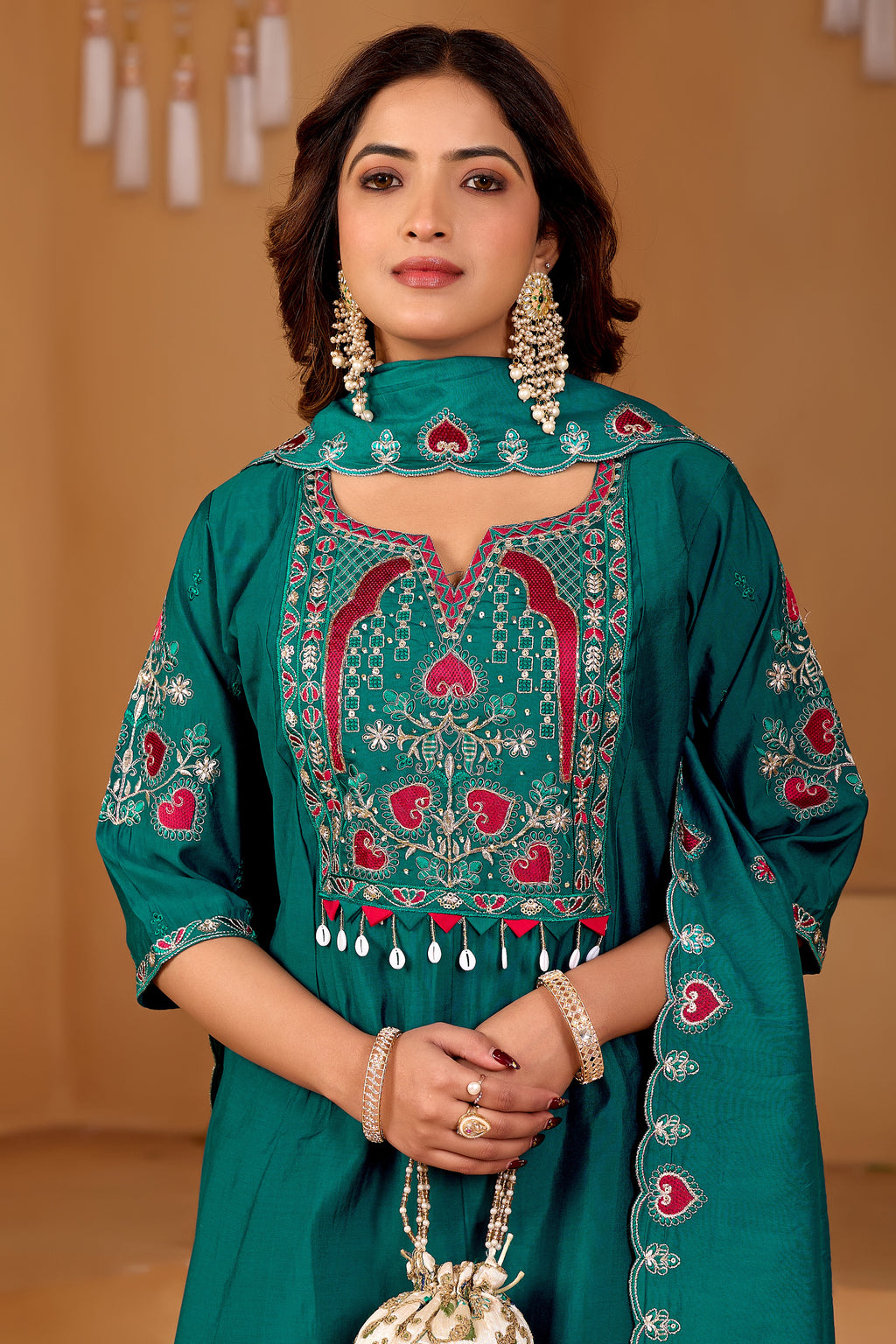 Royal Teal Green Two-Tone Roman Silk Anarkali Kurta Set with Embroidery & Dupatta | Festive Edition