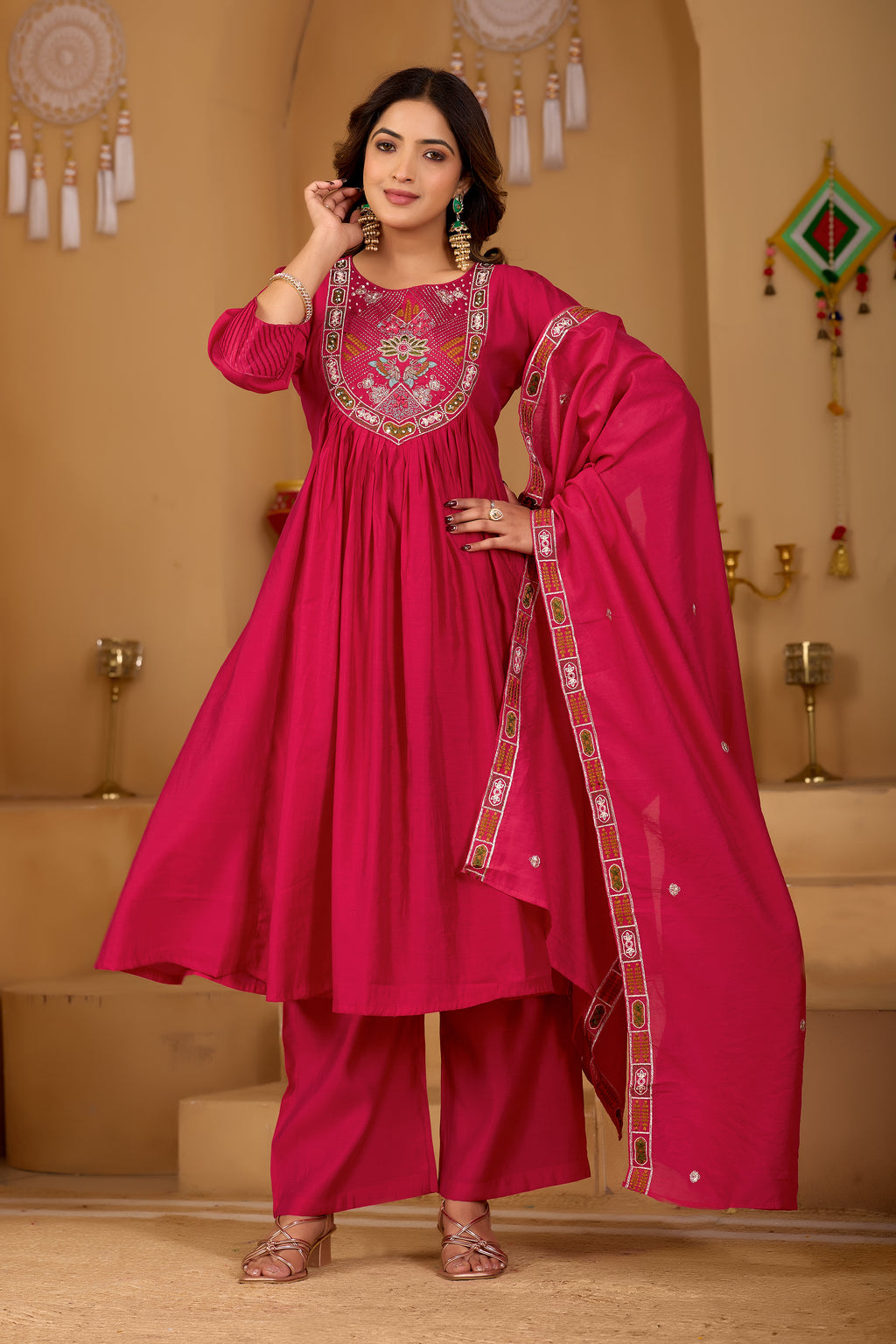 Royal Rani Pink Roman Silk Intricate Embroidery Kurta Set with Dupatta (3-Piece Festive Wear)