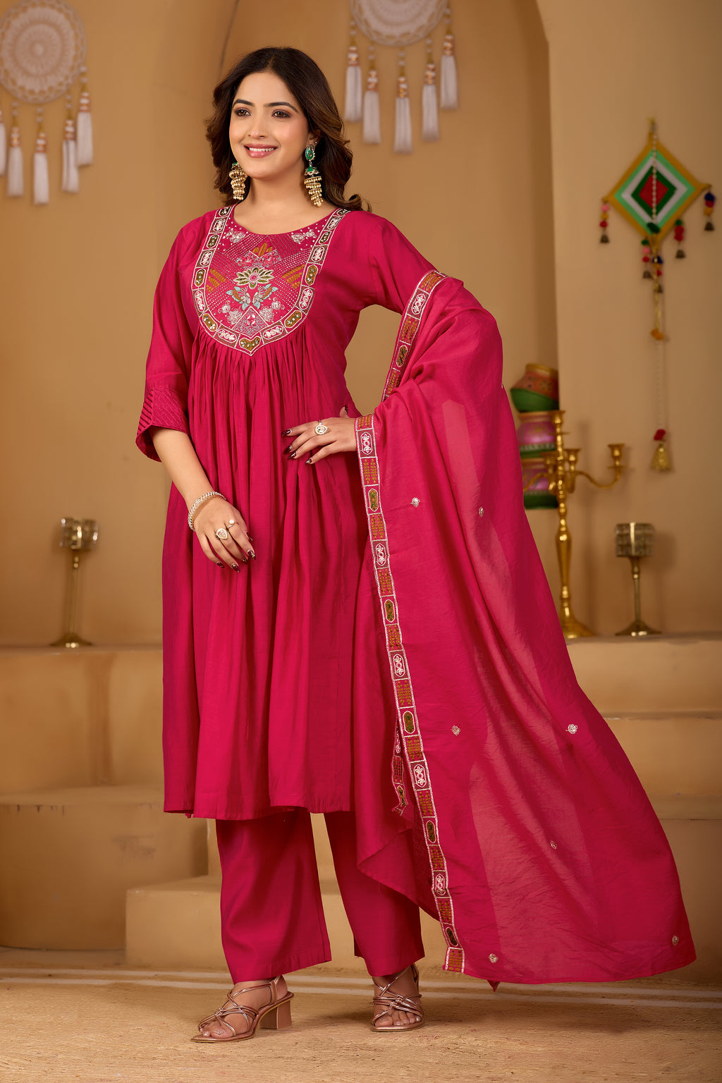 Royal Rani Pink Roman Silk Intricate Embroidery Kurta Set with Dupatta (3-Piece Festive Wear)