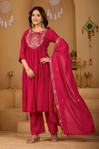 Royal Rani Pink Roman Silk Intricate Embroidery Kurta Set with Dupatta (3-Piece Festive Wear)