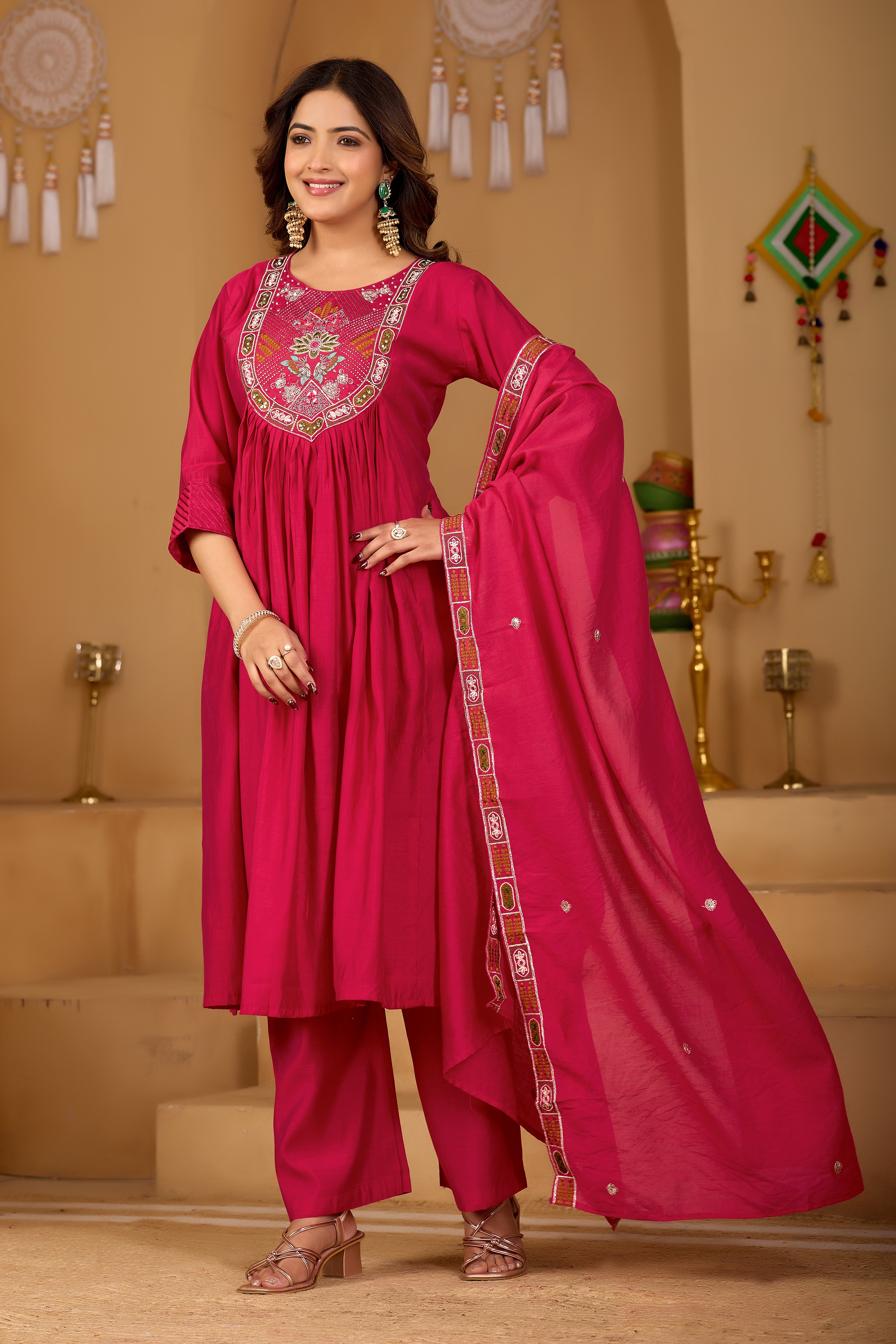 Royal Rani Pink Roman Silk Intricate Embroidery Kurta Set with Dupatta (3-Piece Festive Wear)