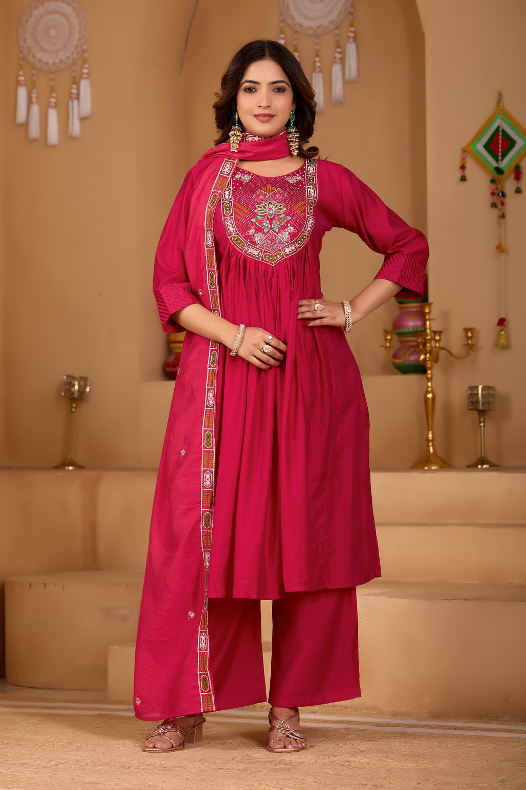 Royal Rani Pink Roman Silk Intricate Embroidery Kurta Set with Dupatta (3-Piece Festive Wear)