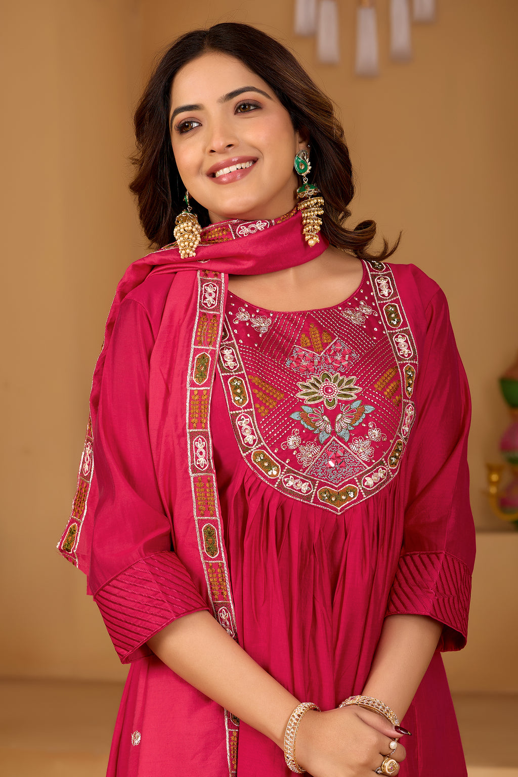 Royal Rani Pink Roman Silk Intricate Embroidery Kurta Set with Dupatta (3-Piece Festive Wear)