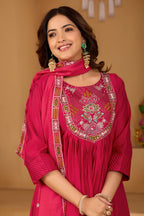 Royal Rani Pink Roman Silk Intricate Embroidery Kurta Set with Dupatta (3-Piece Festive Wear)