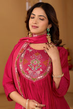 Royal Rani Pink Roman Silk Intricate Embroidery Kurta Set with Dupatta (3-Piece Festive Wear)