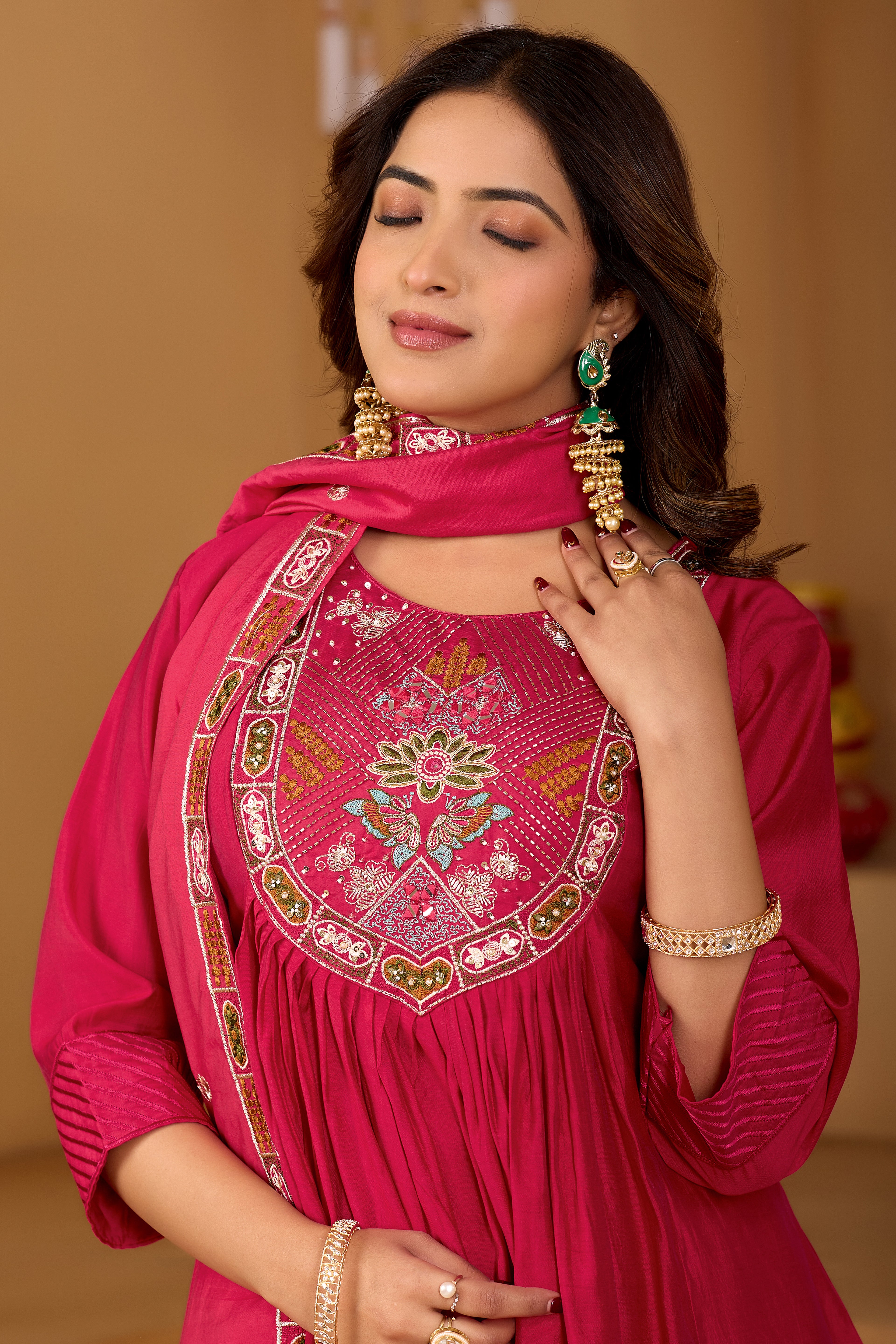 Royal Rani Pink Roman Silk Intricate Embroidery Kurta Set with Dupatta (3-Piece Festive Wear)