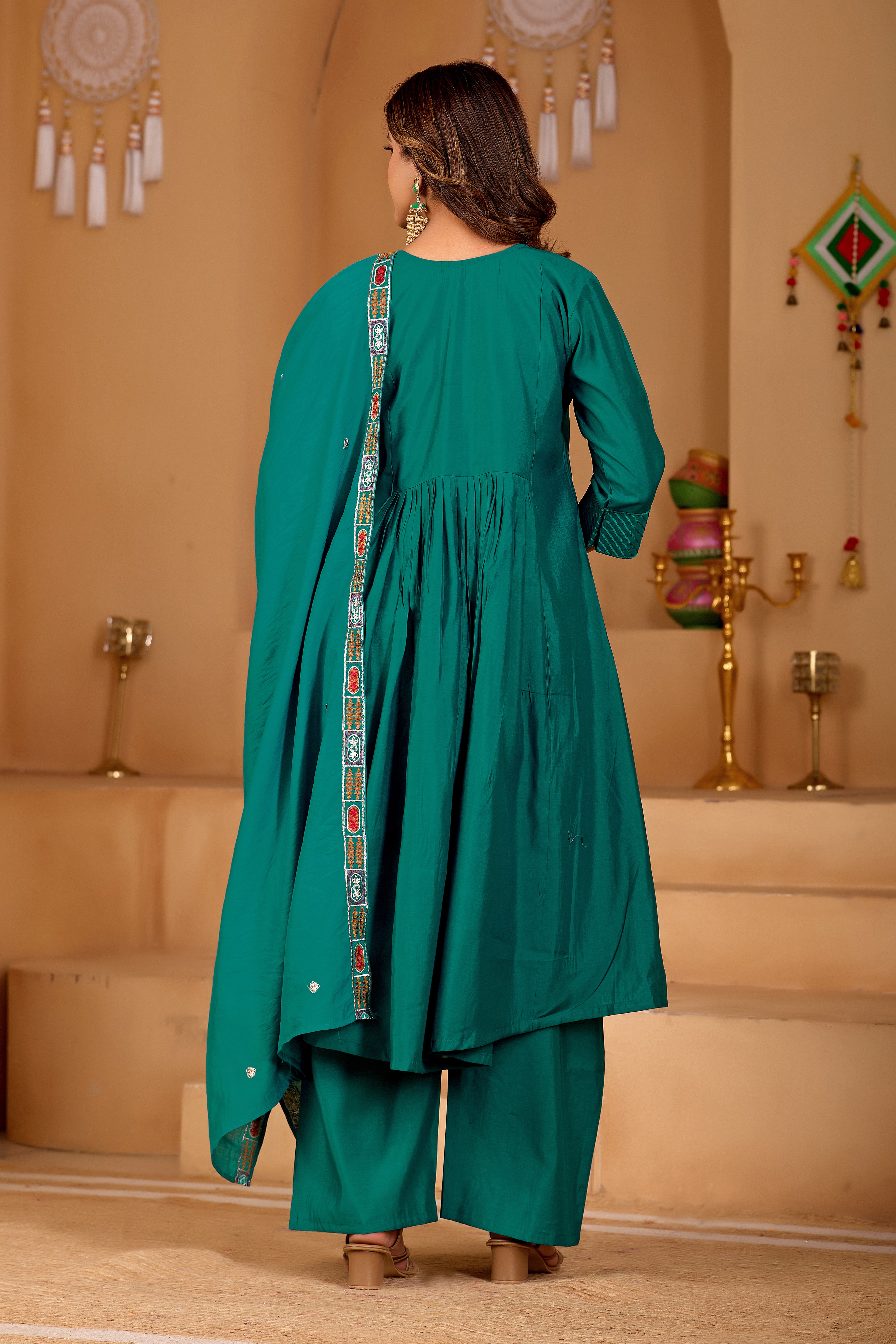 Peacock Green Roman Silk Intricate Embroidery Kurta Set with Dupatta (3-Piece Festive Wear)