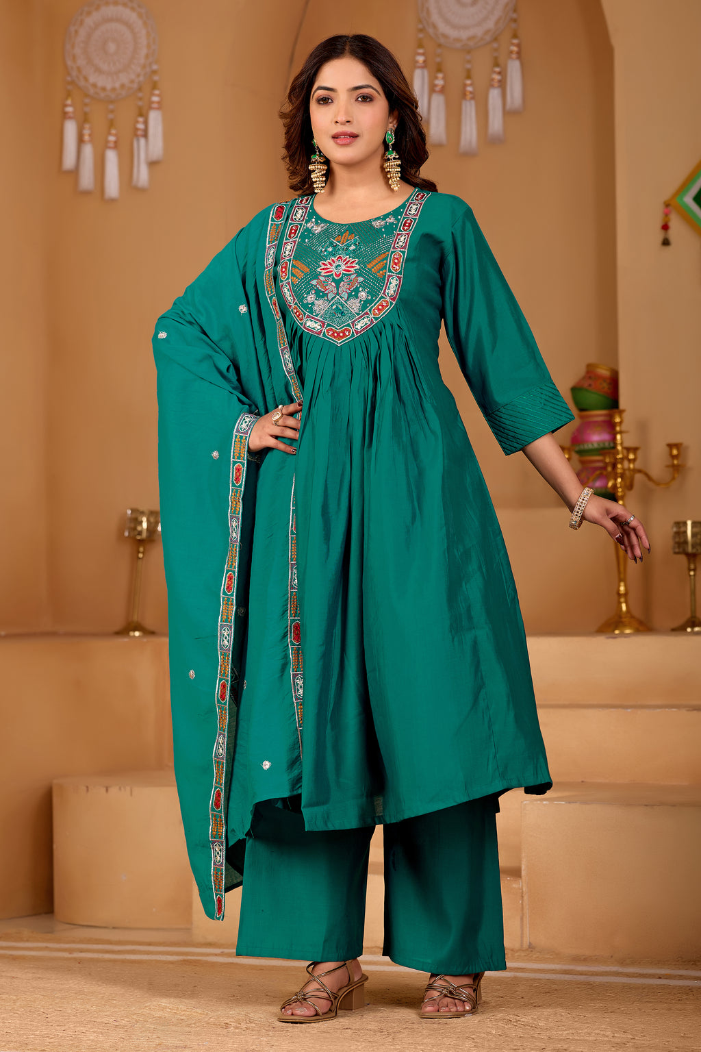 Peacock Green Roman Silk Intricate Embroidery Kurta Set with Dupatta (3-Piece Festive Wear)