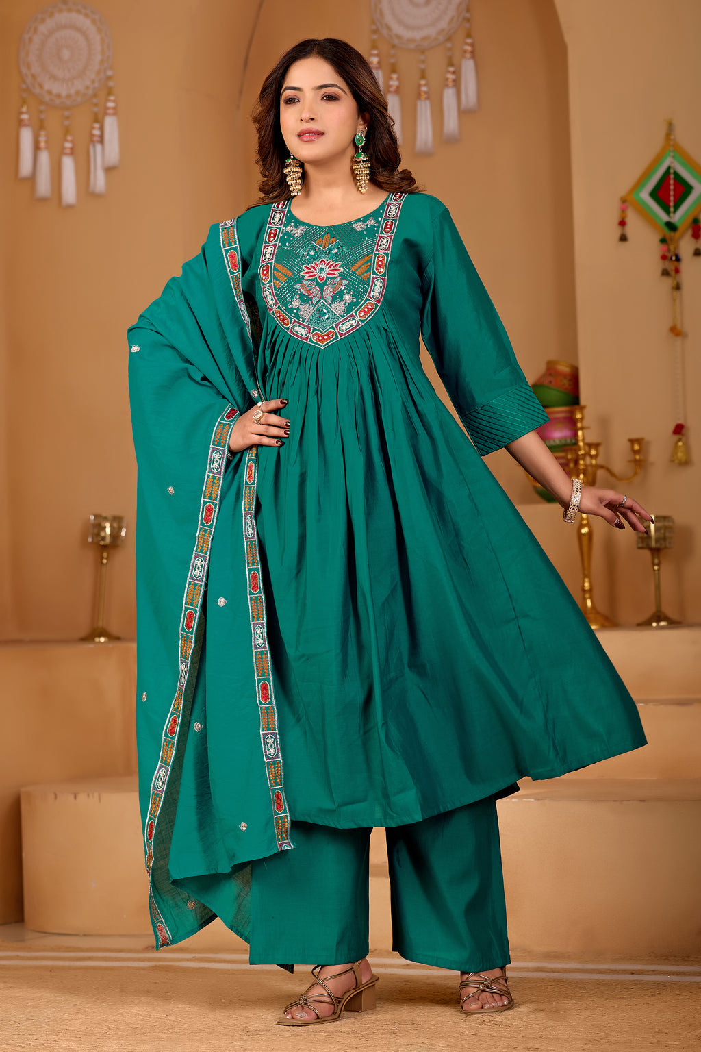 Peacock Green Roman Silk Intricate Embroidery Kurta Set with Dupatta (3-Piece Festive Wear)