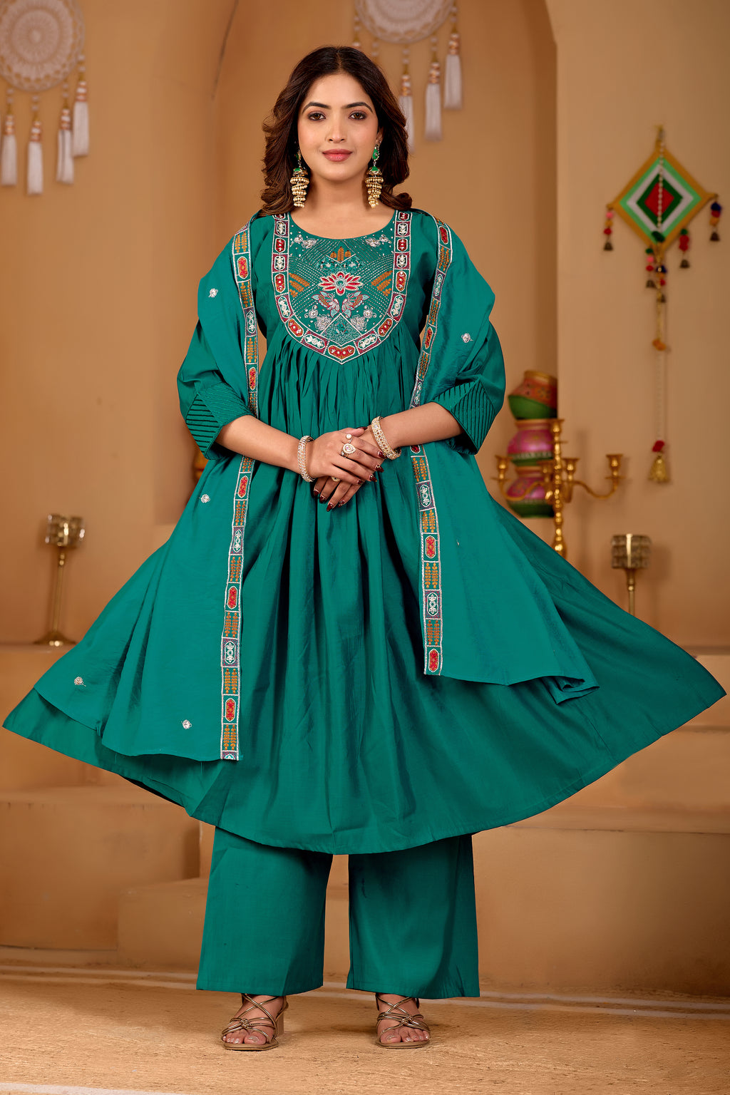 Peacock Green Roman Silk Intricate Embroidery Kurta Set with Dupatta (3-Piece Festive Wear)
