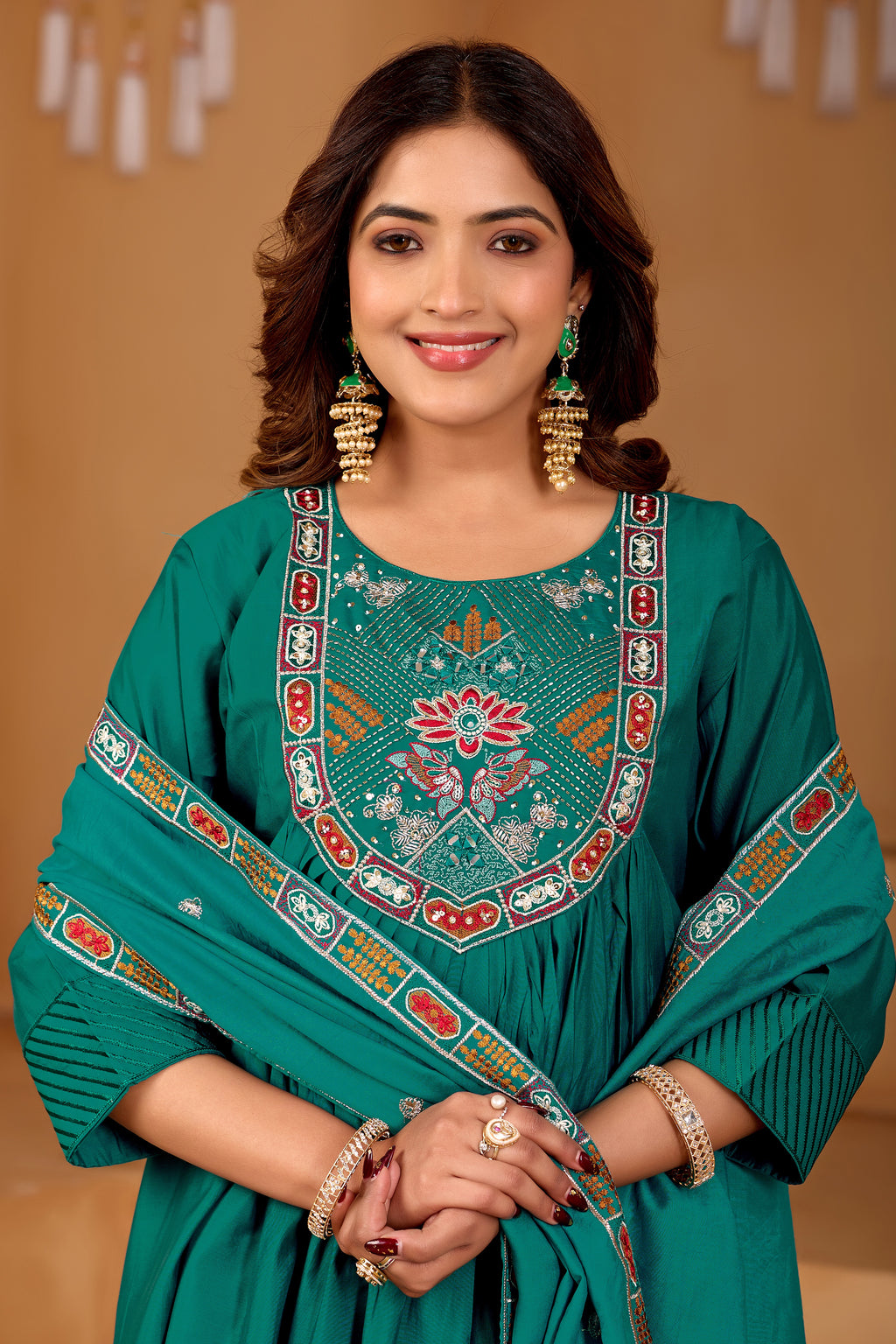 Peacock Green Roman Silk Intricate Embroidery Kurta Set with Dupatta (3-Piece Festive Wear)