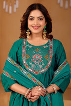 Peacock Green Roman Silk Intricate Embroidery Kurta Set with Dupatta (3-Piece Festive Wear)