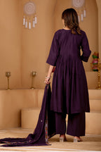 Deep Wine Purple Roman Silk Intricate Embroidery Kurta Set with Dupatta (3-Piece Festive Wear)