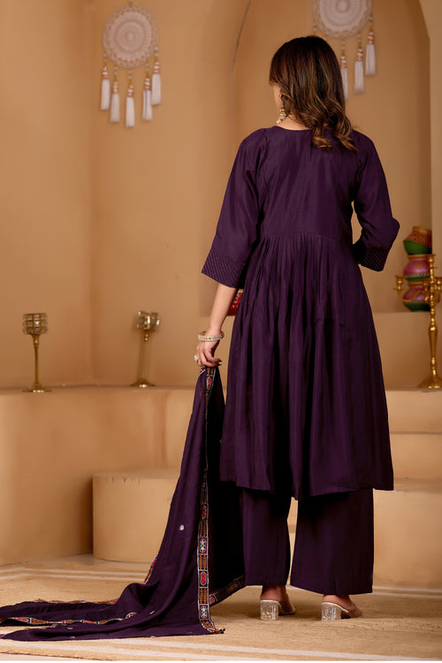 Deep Wine Purple Roman Silk Intricate Embroidery Kurta Set with Dupatta (3-Piece Festive Wear)
