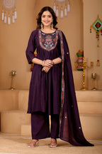 Deep Wine Purple Roman Silk Intricate Embroidery Kurta Set with Dupatta (3-Piece Festive Wear)