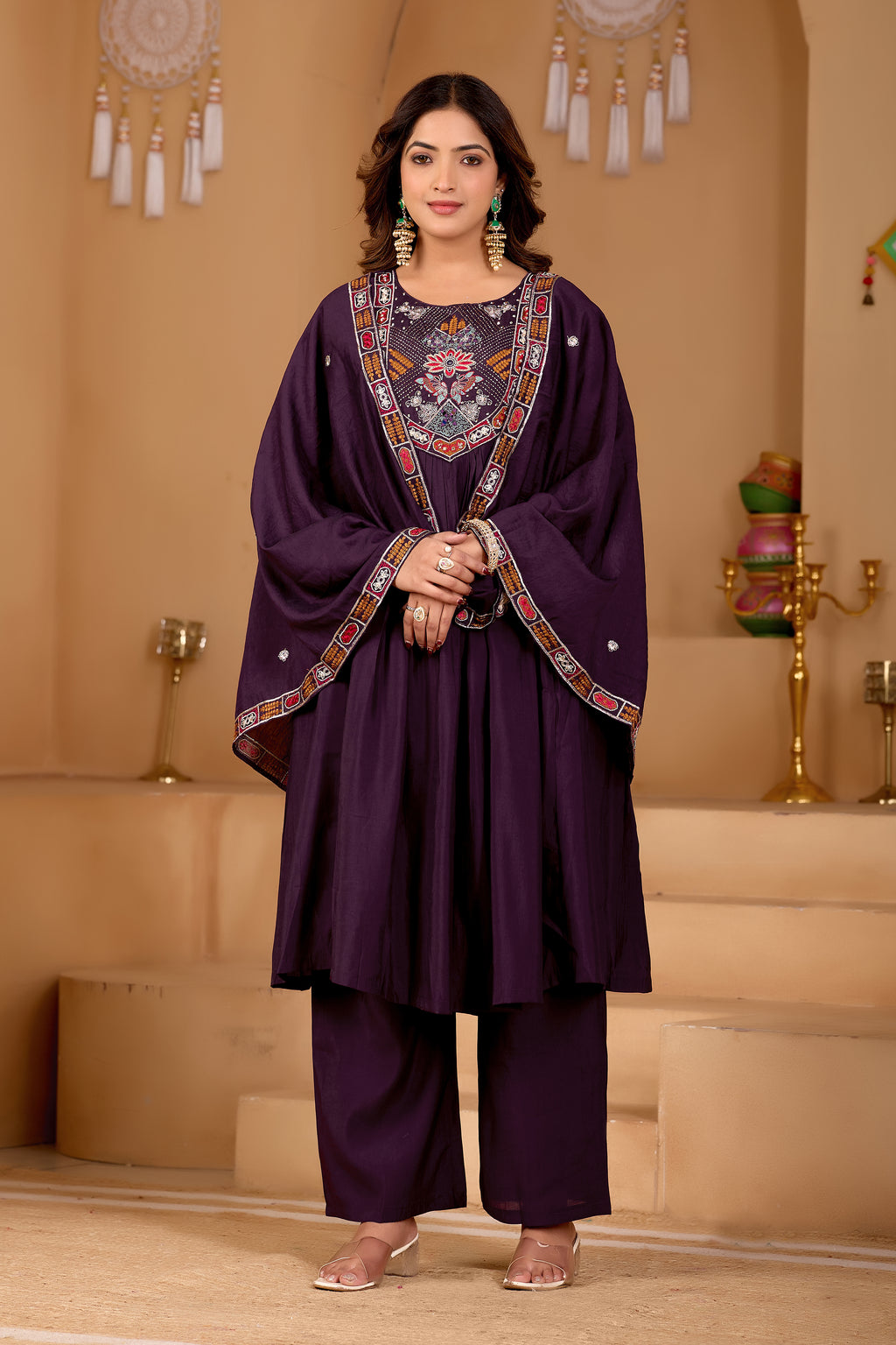 Deep Wine Purple Roman Silk Intricate Embroidery Kurta Set with Dupatta (3-Piece Festive Wear)
