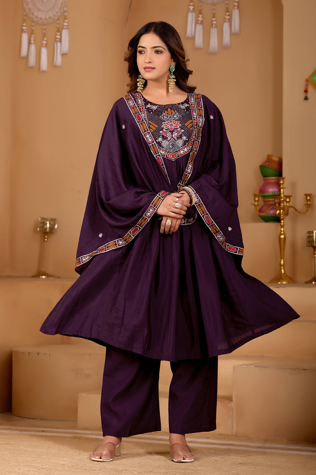 Deep Wine Purple Roman Silk Intricate Embroidery Kurta Set with Dupatta (3-Piece Festive Wear)