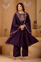 Deep Wine Purple Roman Silk Intricate Embroidery Kurta Set with Dupatta (3-Piece Festive Wear)