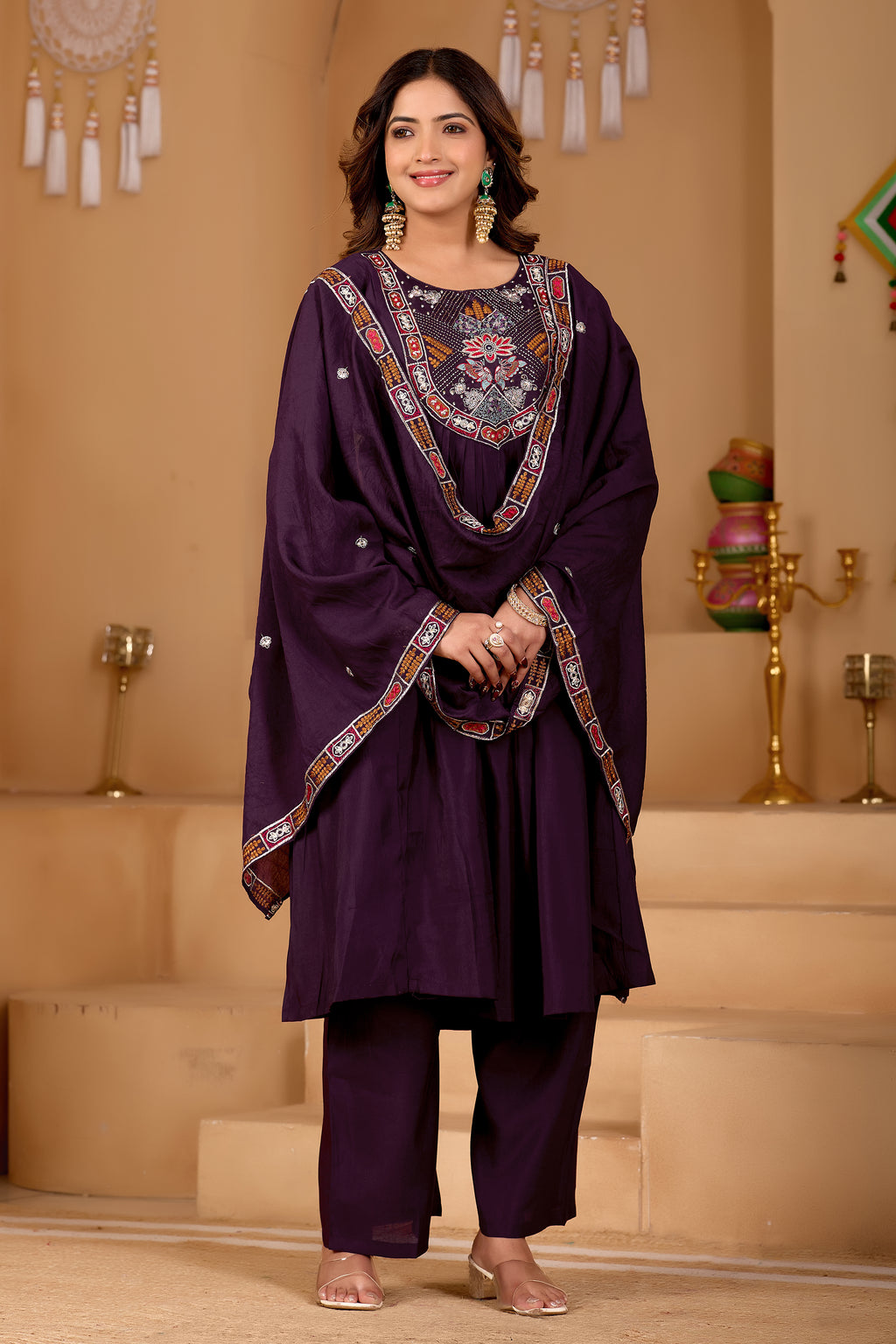 Deep Wine Purple Roman Silk Intricate Embroidery Kurta Set with Dupatta (3-Piece Festive Wear)