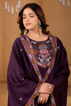 Deep Wine Purple Roman Silk Intricate Embroidery Kurta Set with Dupatta (3-Piece Festive Wear)