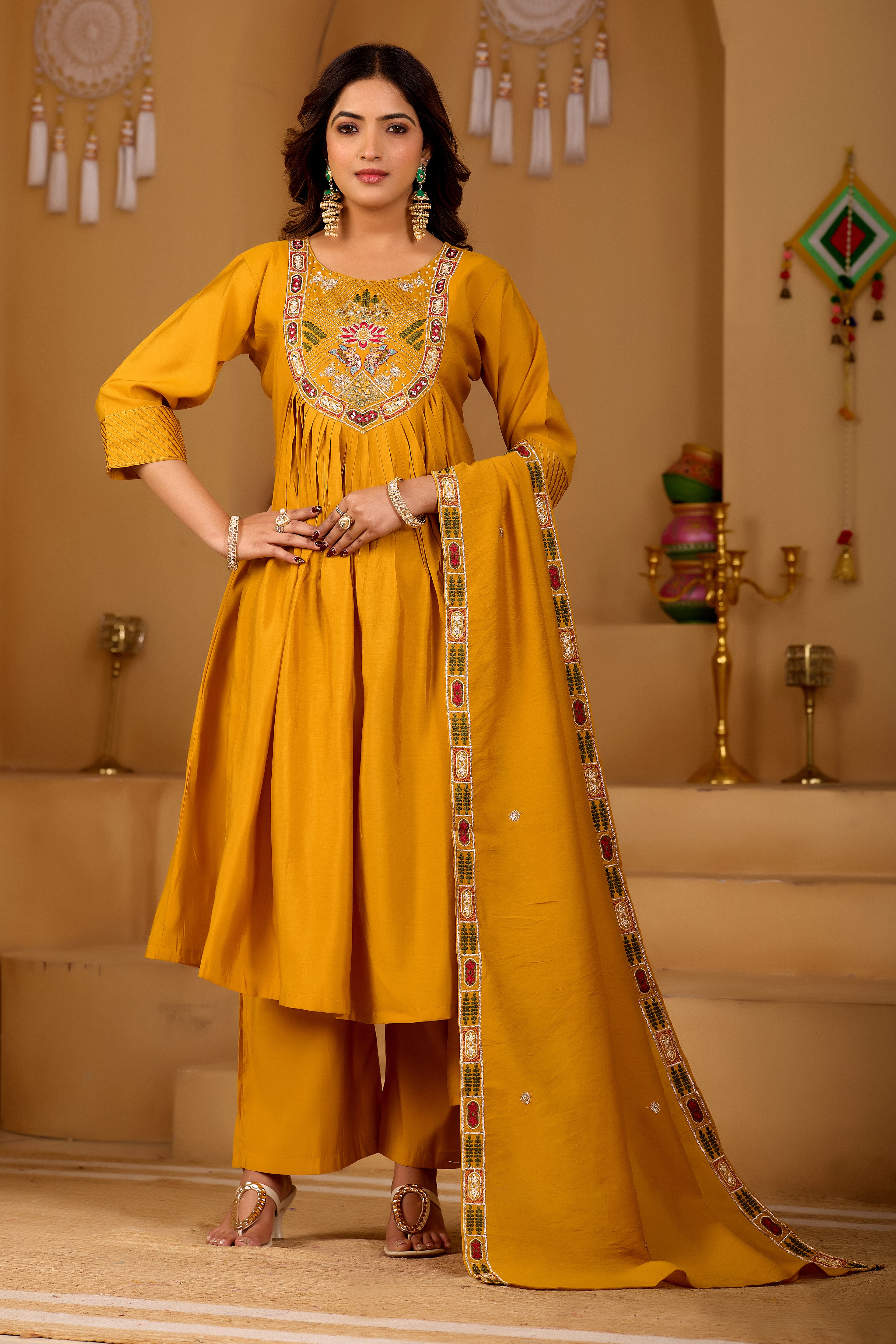 Mustard Gold Roman Silk Intricate Embroidery Kurta Set with Dupatta | 3-Piece Festive Wear