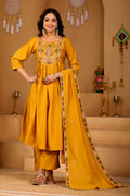Mustard Gold Roman Silk Intricate Embroidery Kurta Set with Dupatta | 3-Piece Festive Wear