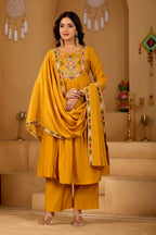 Mustard Gold Roman Silk Intricate Embroidery Kurta Set with Dupatta | 3-Piece Festive Wear