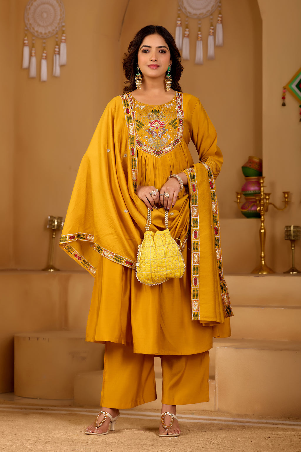 Mustard Gold Roman Silk Intricate Embroidery Kurta Set with Dupatta | 3-Piece Festive Wear